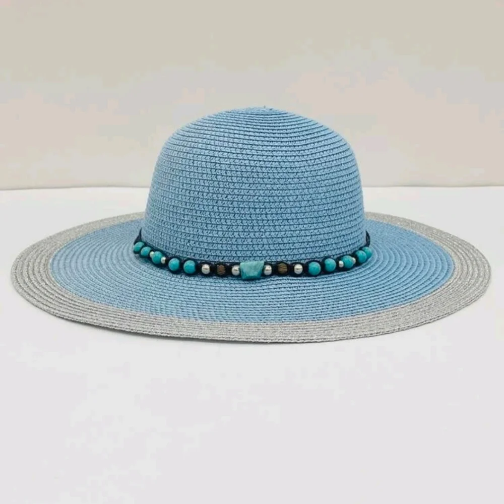 Floppy Hat Color block Blue Silver Shimmer Faux Turquoise Stone Beads - Picture 6 of 7